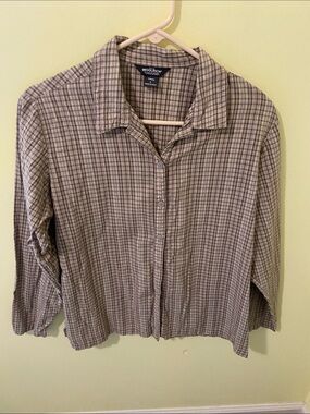 Woolrich Women's Plaid Button-Up Shirt in Taupe and Brown